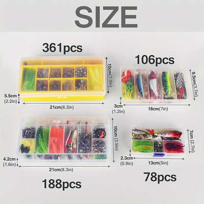 Fishing Lures Kit 78/106/188/361pcs Complete Freshwater Tackle Set with Spoon Lures Soft Plastic Worms Crankbaits Jig Hooks Tackle Box
