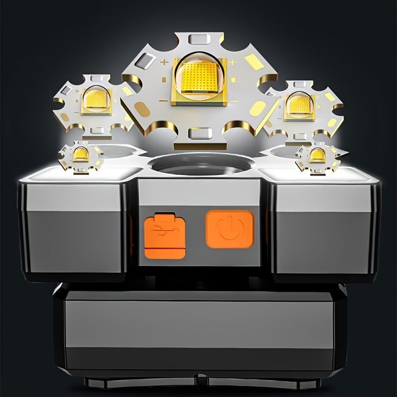 Two-Pack Rechargeable Headlamps with Five LEDs, Four Modes, 90° Tilt, IP44 Marking and Two USB Cables
