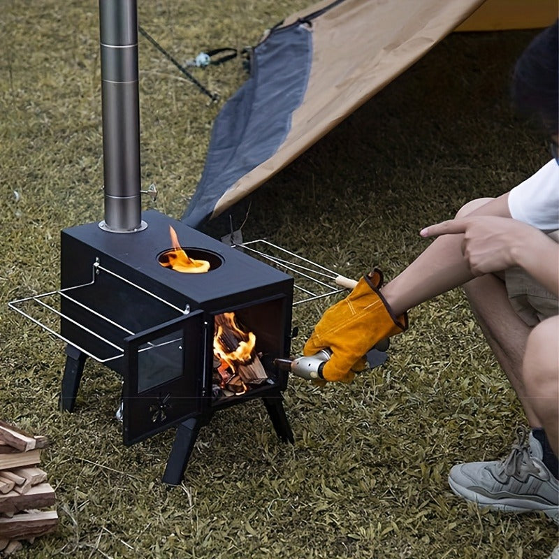 Portable Wood Stove with Chimney Pipe Set, Folding Legs, Side Shelves and Silver or Black Finish Options