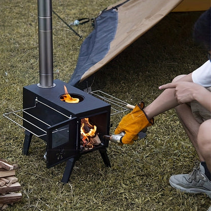 Portable Wood Stove with Chimney Pipe Set, Folding Legs, Side Shelves and Silver or Black Finish Options