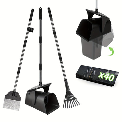 Dog Pooper Scooper with Long Handle & Swivel Bin – Heavy Duty Rake Spade Set, 40 Waste Bags Included, Pet Waste Removal for Yard Grass