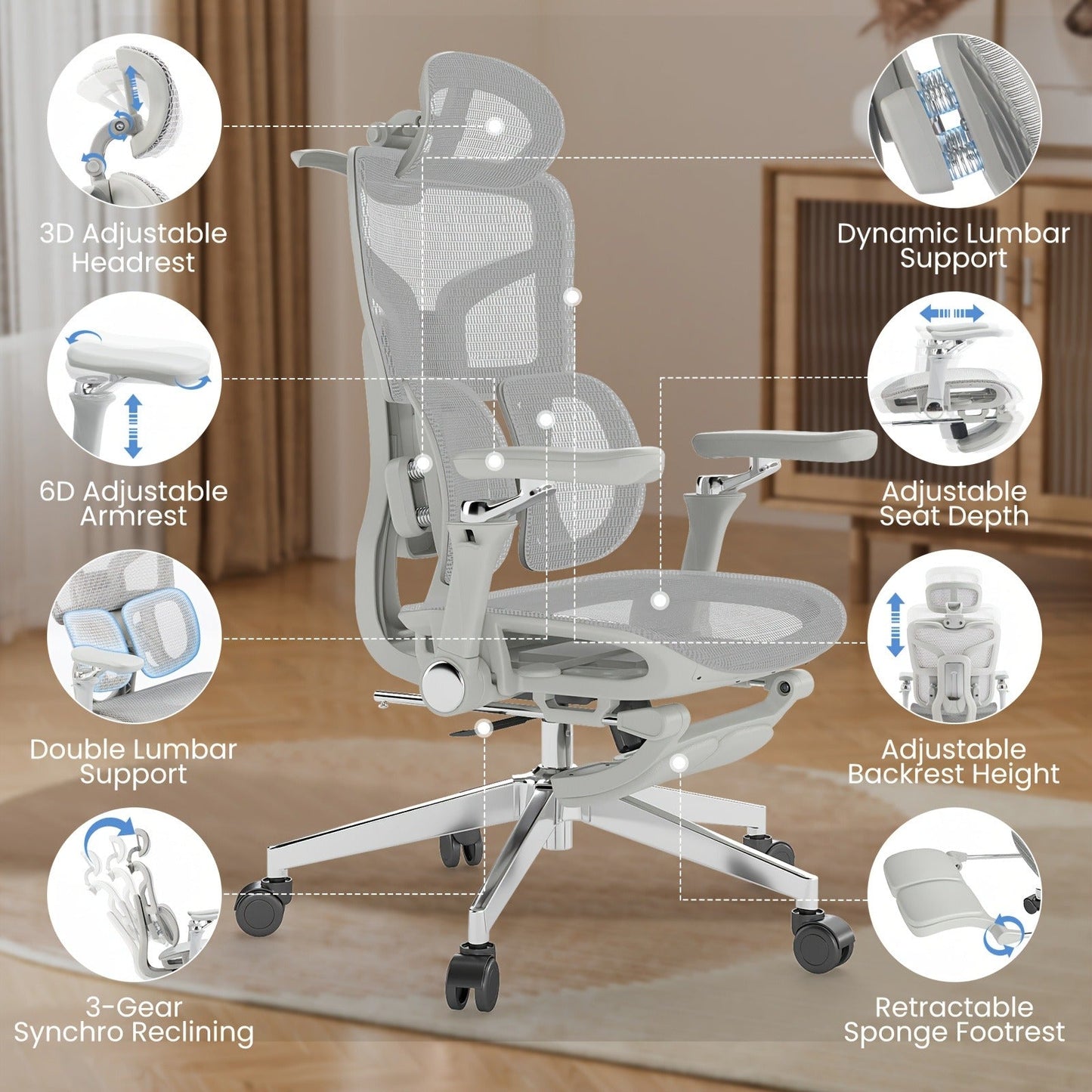 Office Chair High-Back with 6D Adjustable Armrests, Retractable Footrest, Lumbar Section and Swivel Base