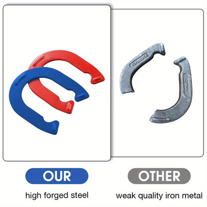 Horseshoes Game Set Heavy Duty – 4 Forged Steel Horse Shoes & 2 Stakes, 1.2lb Each, Red & Blue – Outdoor Lawn Game for Adults & Family