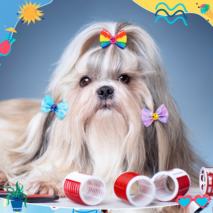 Dog Hair Bows 100 Pack Tie Dye Rhinestone Puppy Grooming Accessories with Rubber Bands – Colorful Spring Dog Topknot Bows for Small Dogs
