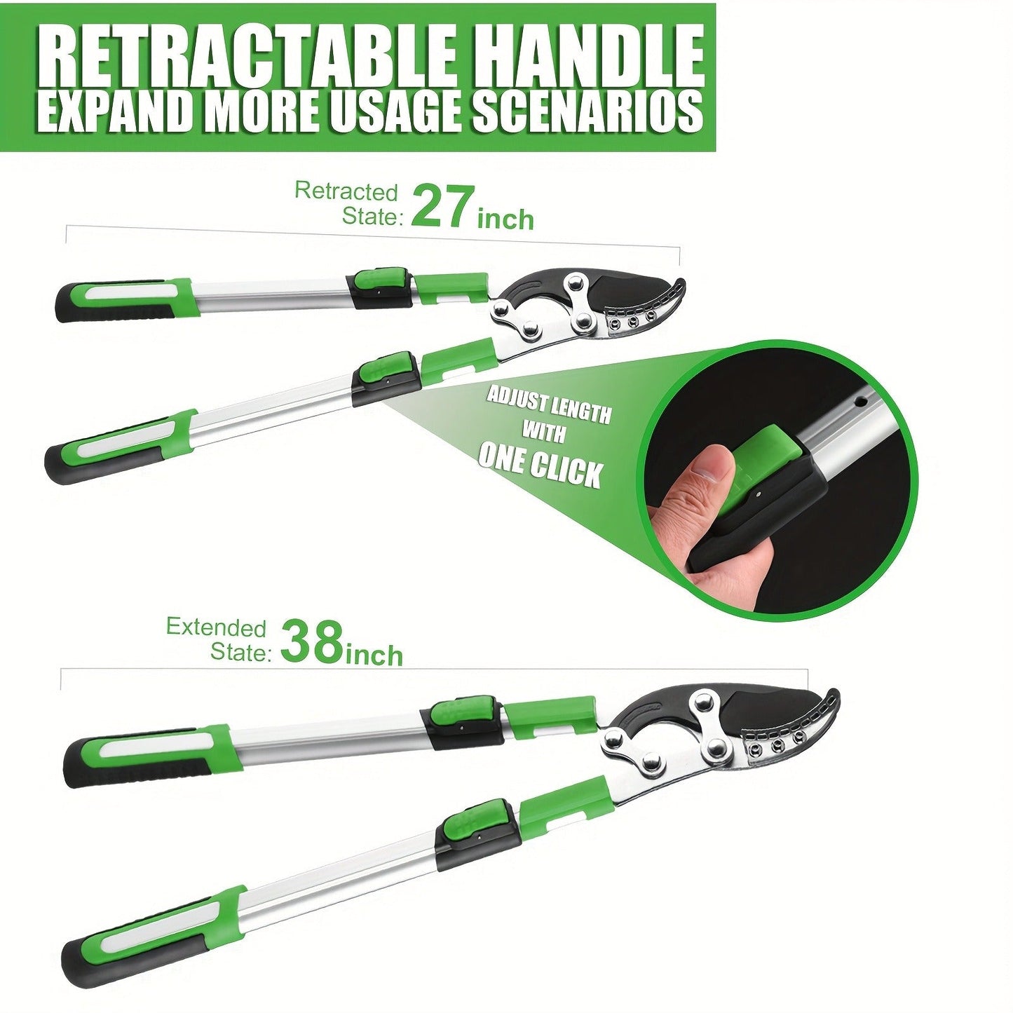 Extendable Pruning Shears 22-27.5 Inch – SK5 Steel Blades Cut 2.5" Branches, Shock-Absorbing Ergonomic Handle