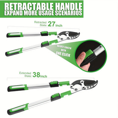 Extendable Pruning Shears 22-27.5 Inch – SK5 Steel Blades Cut 2.5" Branches, Shock-Absorbing Ergonomic Handle