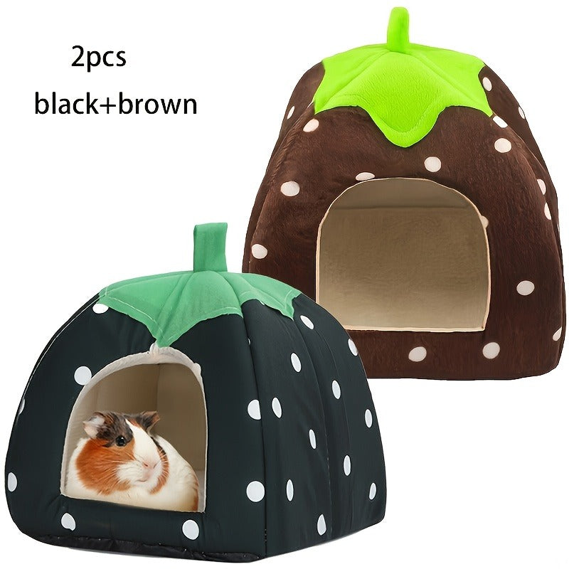 Small Animal Hideaway Bed 2pcs – Strawberry Plush Hideout for Guinea Pigs, Hamsters & Rabbits, Semi-Enclosed Warm Nest with Leaf Design