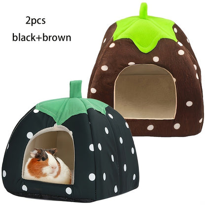 Small Animal Hideaway Bed 2pcs – Strawberry Plush Hideout for Guinea Pigs, Hamsters & Rabbits, Semi-Enclosed Warm Nest with Leaf Design