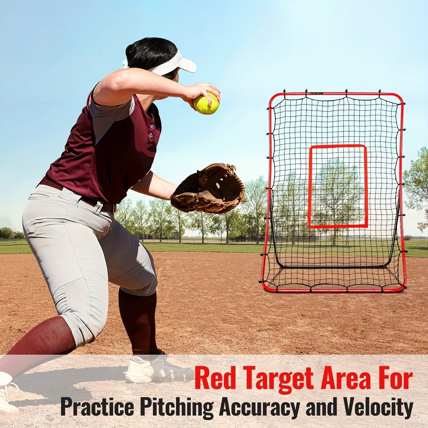 Adjustable Baseball Pitchback Rebounder Net with Red Target, 48 x 68 Inch Frame and Five Angles