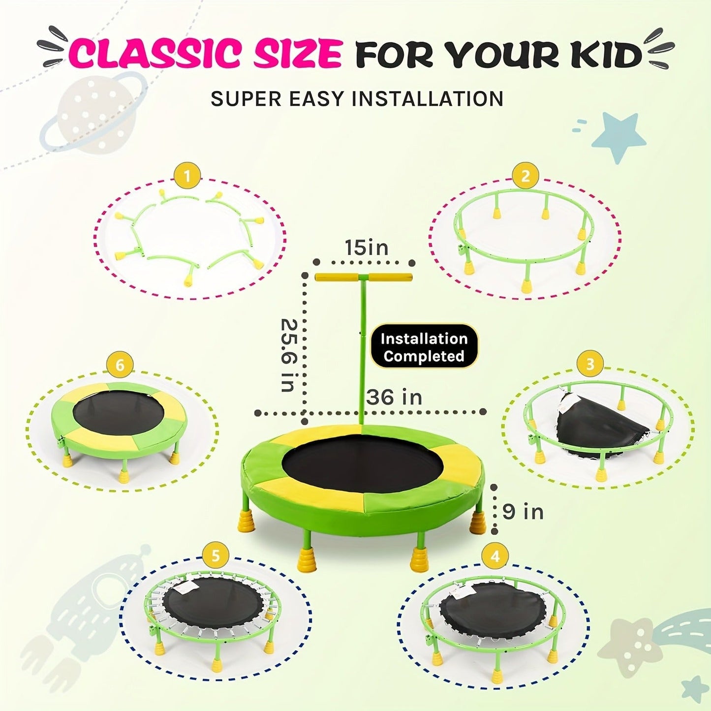 36 Inch Kids Indoor Trampoline with Handle – 7-Leg Safety Design, 2.0mm Steel Frame, 28 Coil Springs, Non-Slip Feet, PP Jump Mat