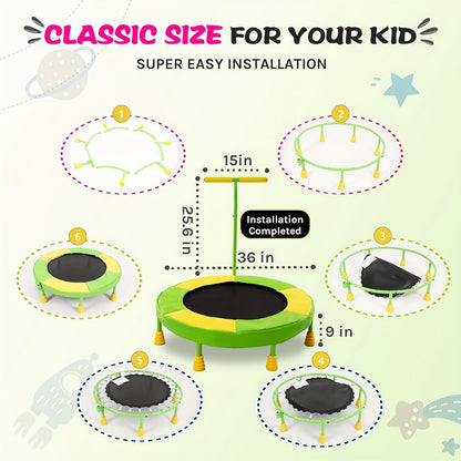 36 Inch Kids Indoor Trampoline with Handle – 7-Leg Safety Design, 2.0mm Steel Frame, 28 Coil Springs, Non-Slip Feet, PP Jump Mat