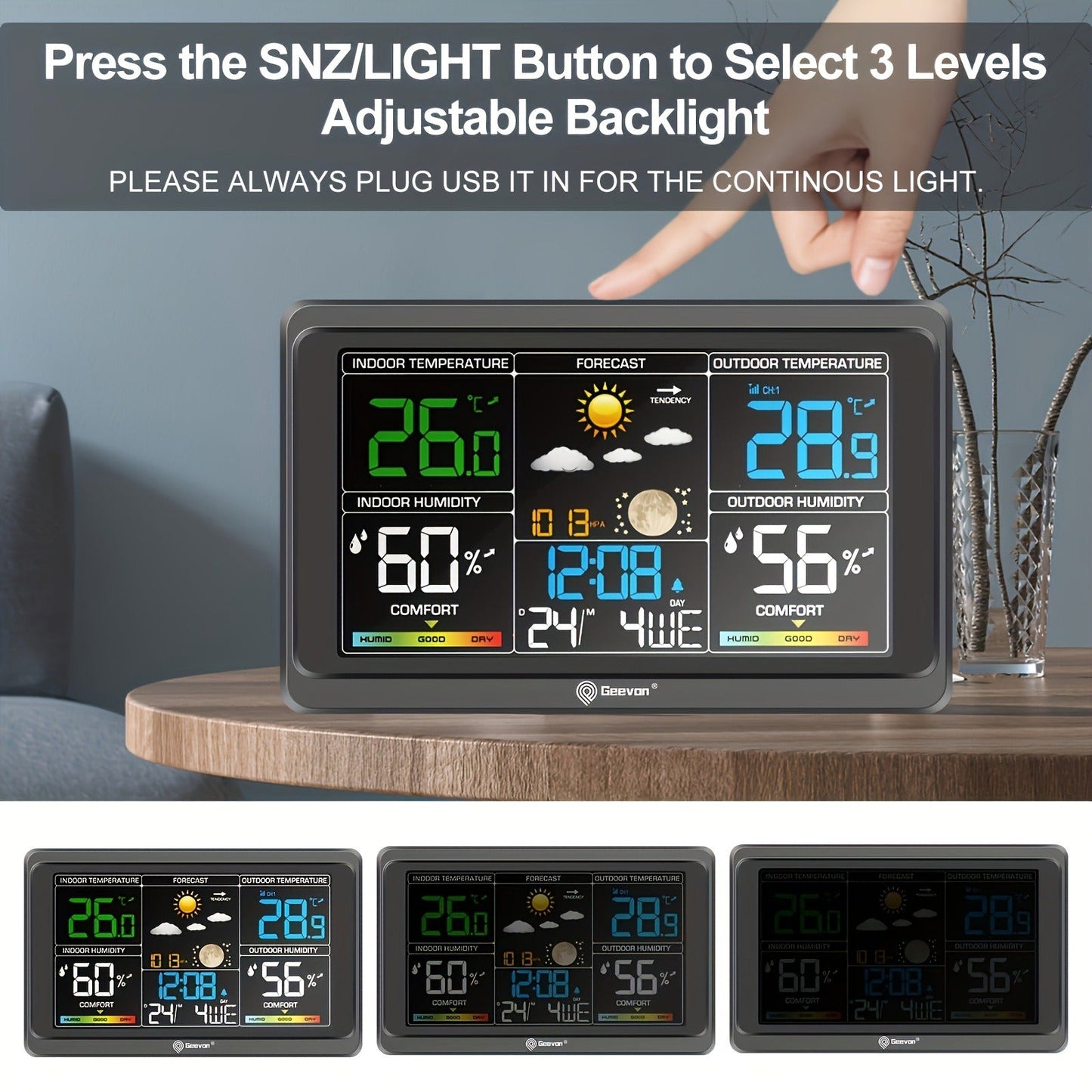 Wireless Weather Station – Indoor Outdoor Thermometer with 7.6" LCD, Barometer, Humidity, Moon Phase & USB Charging