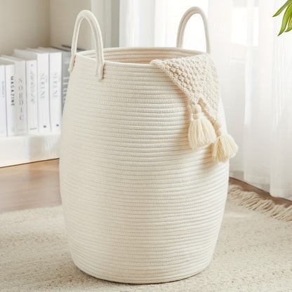 Laundry Basket Foldable Boho Hamper 22" Tall Oval Fabric with Long Handles Decorative Tassels Bedroom Bathroom Closet Storage