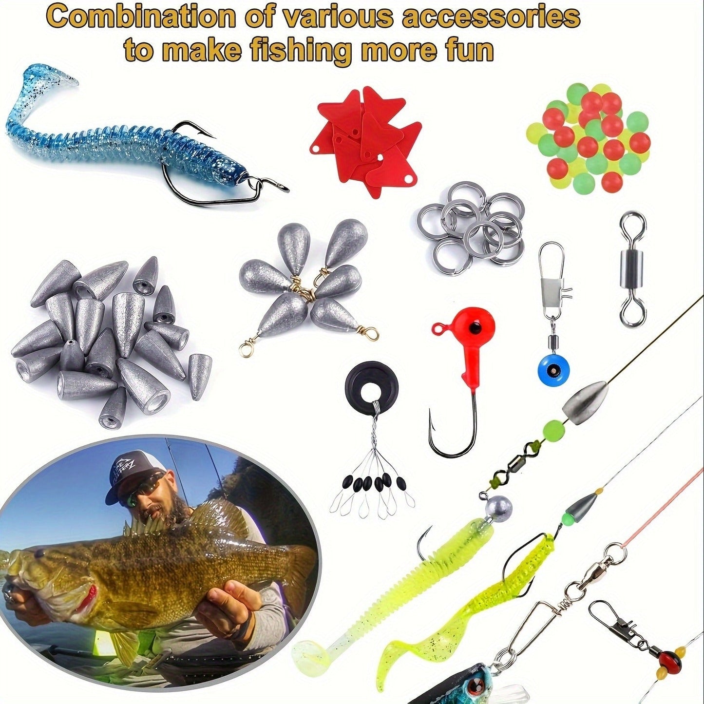 Fishing Accessories Kit 228 Piece Complete Fishing Set with Tackle Box Hooks Sinkers Swivels Lures Essential Gear for Freshwater Saltwater