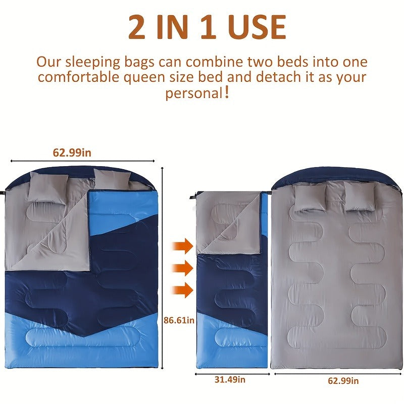 Double Sleeping Bag XL with Pillow for Two Adults – 2-Person Couple Sleeping Bag for Year-Round Camping, Hiking & Backpacking in Cold & Warm