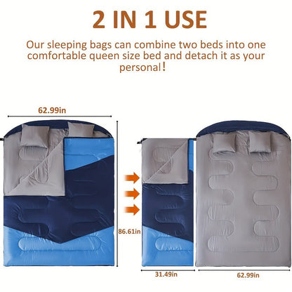 Double Sleeping Bag XL with Pillow for Two Adults – 2-Person Couple Sleeping Bag for Year-Round Camping, Hiking & Backpacking in Cold & Warm