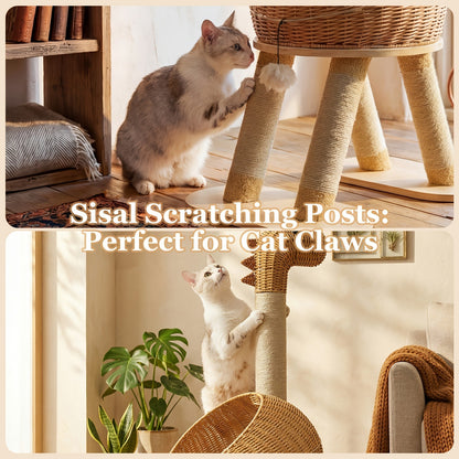 Dinosaur Cat Tree Tower 46 Inch – Large Rattan Cat House with 4 Sisal Scratching Posts, Wicker Bed & Removable Mat