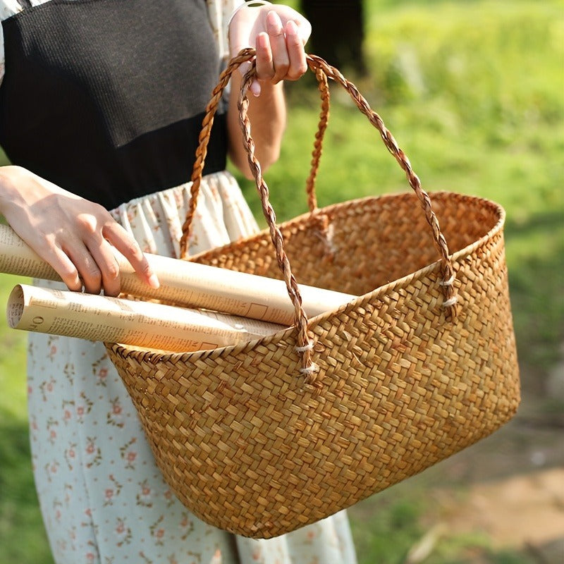 Large Woven Straw Picnic Tote Basket with Long Handles, Open Top Natural-Color Outdoor Carry Design