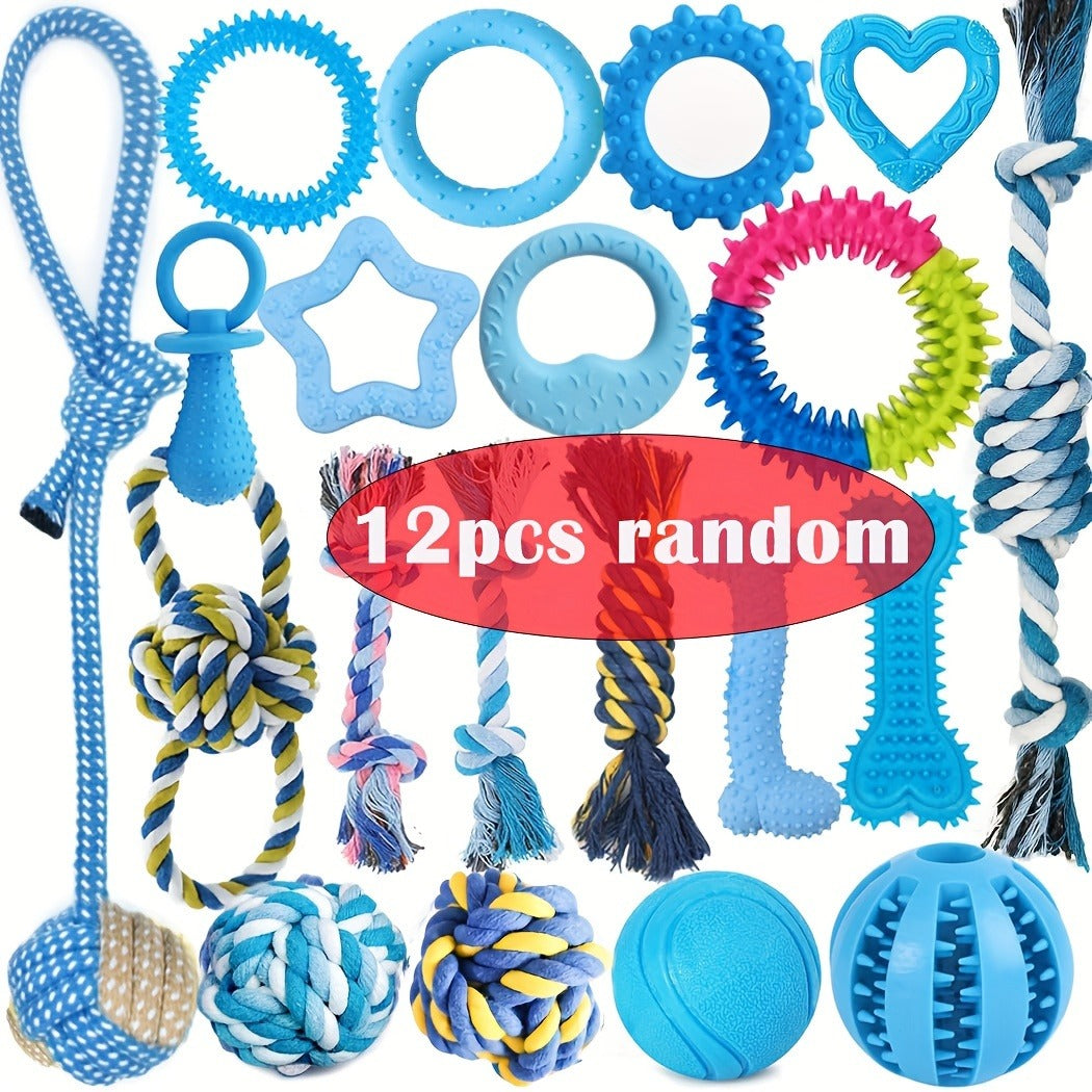 Dog Toy Assorted Puppy Bundle with Random Chew, Rope, Treat Ball and Squeaky Mix in 3 or 12 Pieces