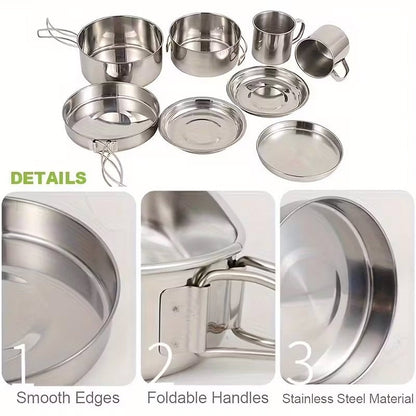 Camping Tableware Set 8 Piece Stainless Steel – Portable Outdoor Dining Set with Foldable Handle Plates, Cups & Utensils | Lightweight