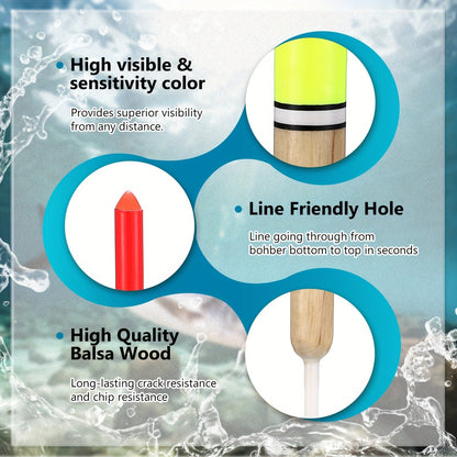Wooden Fishing Floats 12-Pack – 6 Sizes Slip Bobber Set for Crappie, Bluegill, Trout, Bass, Panfish, Catfish & Walleye | Freshwater Fishing