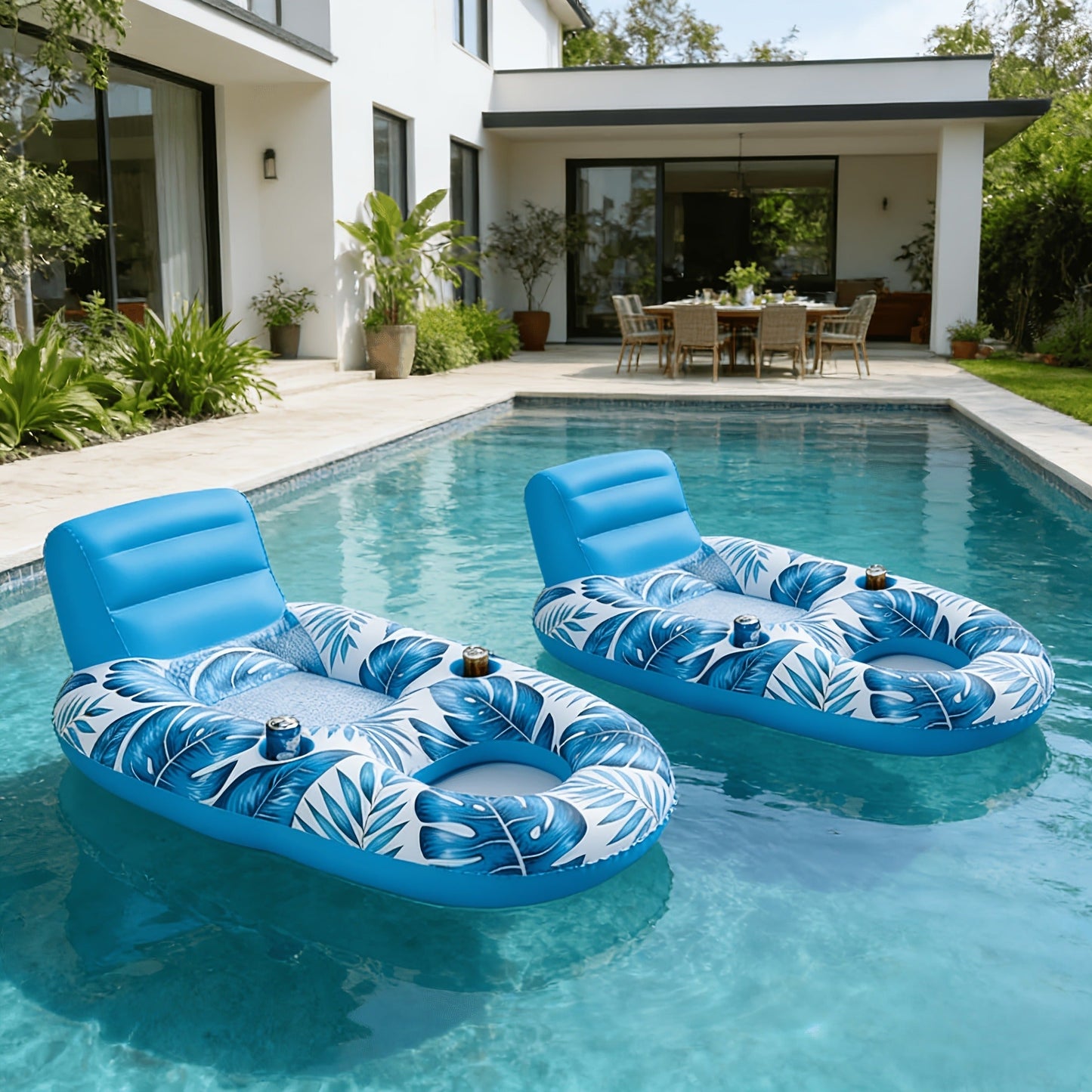 Two-Piece Inflatable Pool Lounge Float Set, 59.1 x 36.2 Inches Each with Backrests and Dual Cup Holders