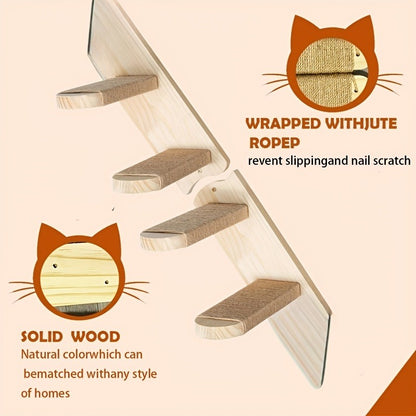Cat Wall Furniture, Wall-Mounted Cat Climbing Frame Solid Wood Cat Stairs Ladder Perch Jumping Platform All Season Indoor Cat Wall Furniture