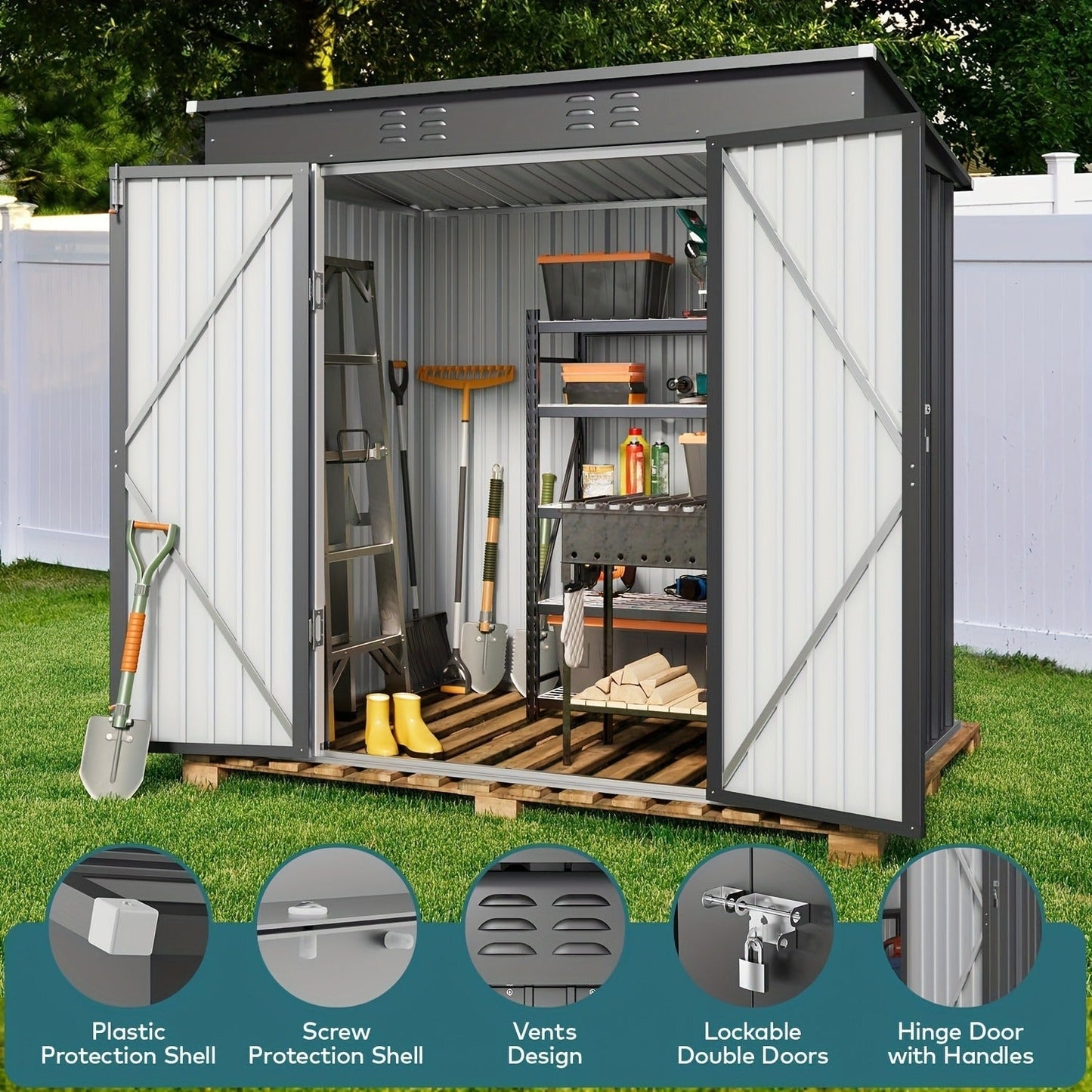 Metal Outdoor Storage Shed with Double or Single Doors in Grey, Green or Brown Checkout Models