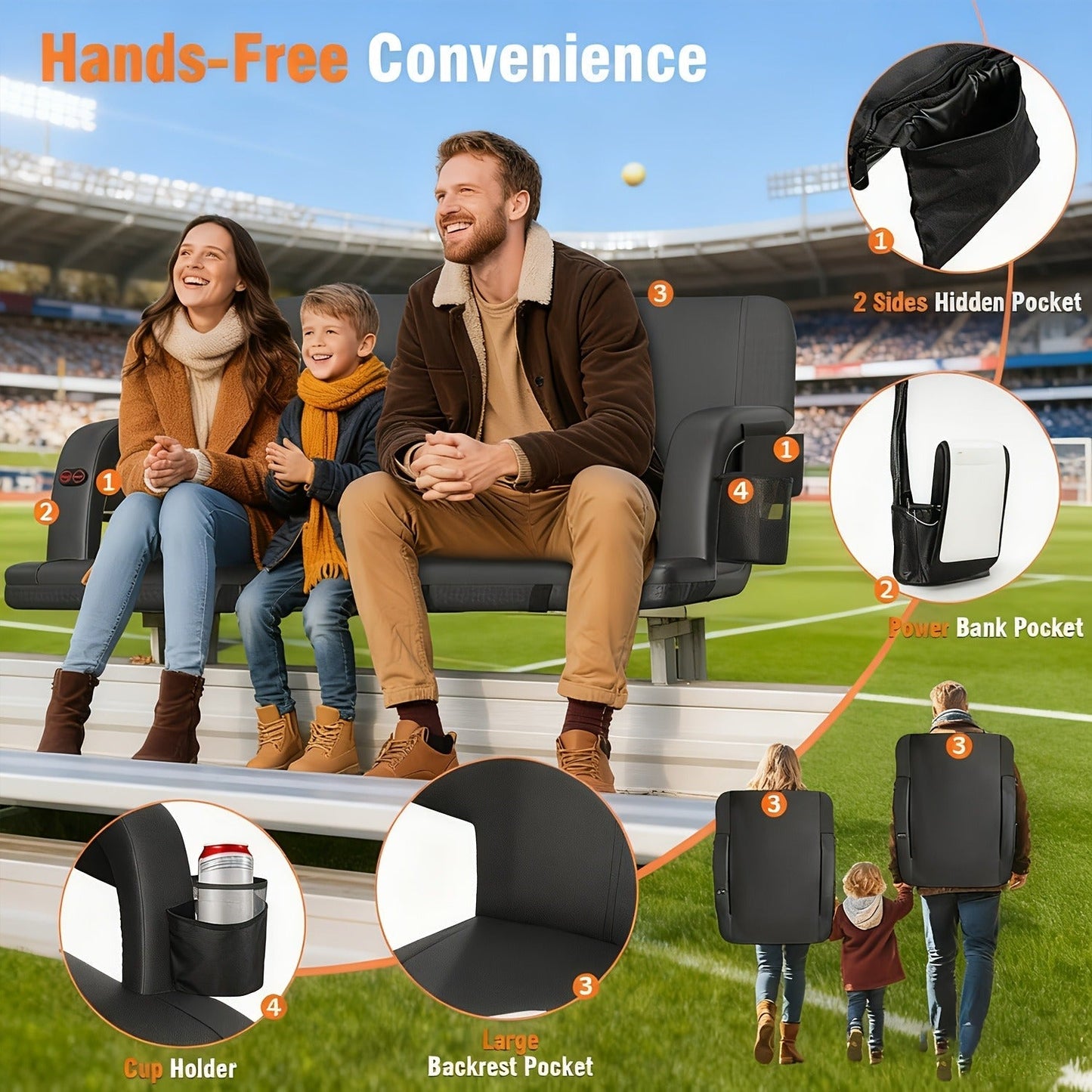 Heated Stadium Seat with Back Support for Bleachers 6 Reclining Positions 3 Heat Levels Dual-Zone USB Heated Bleacher Chair with 5 Storage