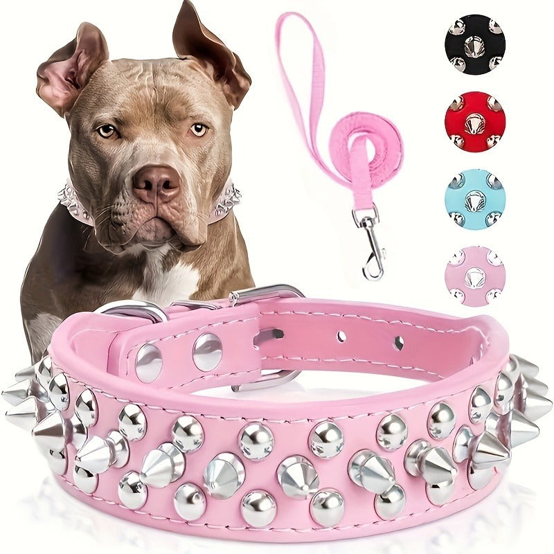 Rivet-Studded Dog Collar and Matching Leash Set with Metal Buckle, Five Colors and XS–XXL Sizing