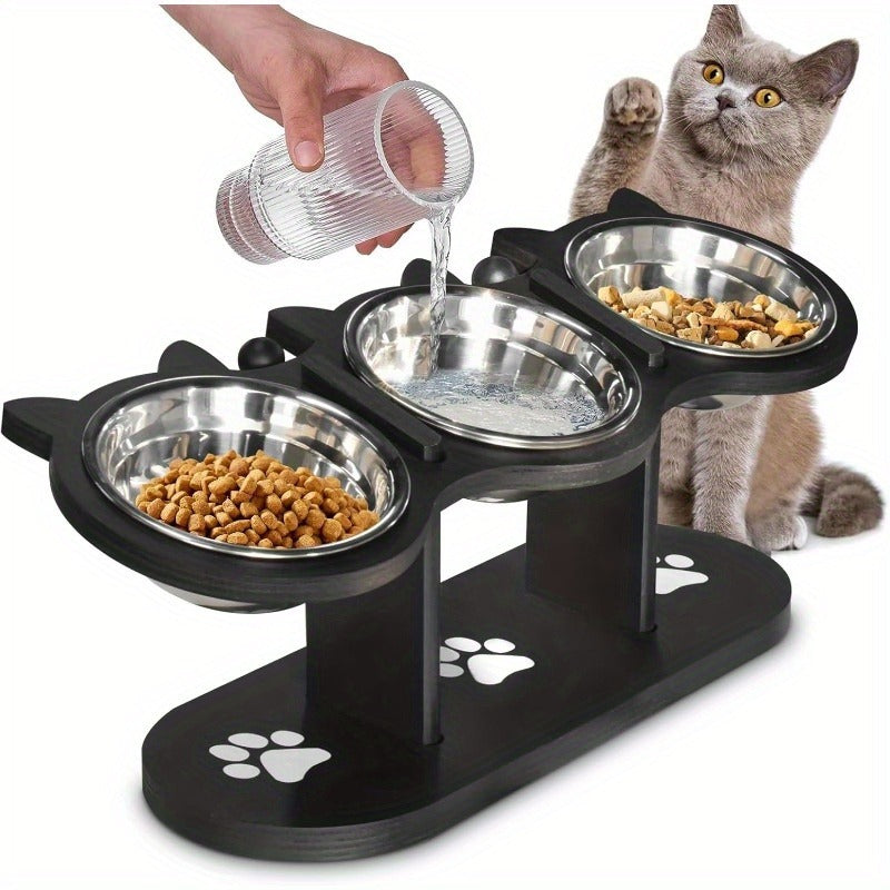 Elevated Cat Bowl Stand with Tilted Stainless Steel Bowls – Adjustable Raised Feeder, Anti-Spill, Black Wood Base for Cats & Small Dogs