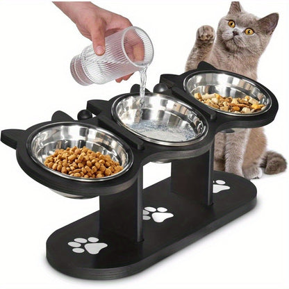 Elevated Cat Bowl Stand with Tilted Stainless Steel Bowls – Adjustable Raised Feeder, Anti-Spill, Black Wood Base for Cats & Small Dogs