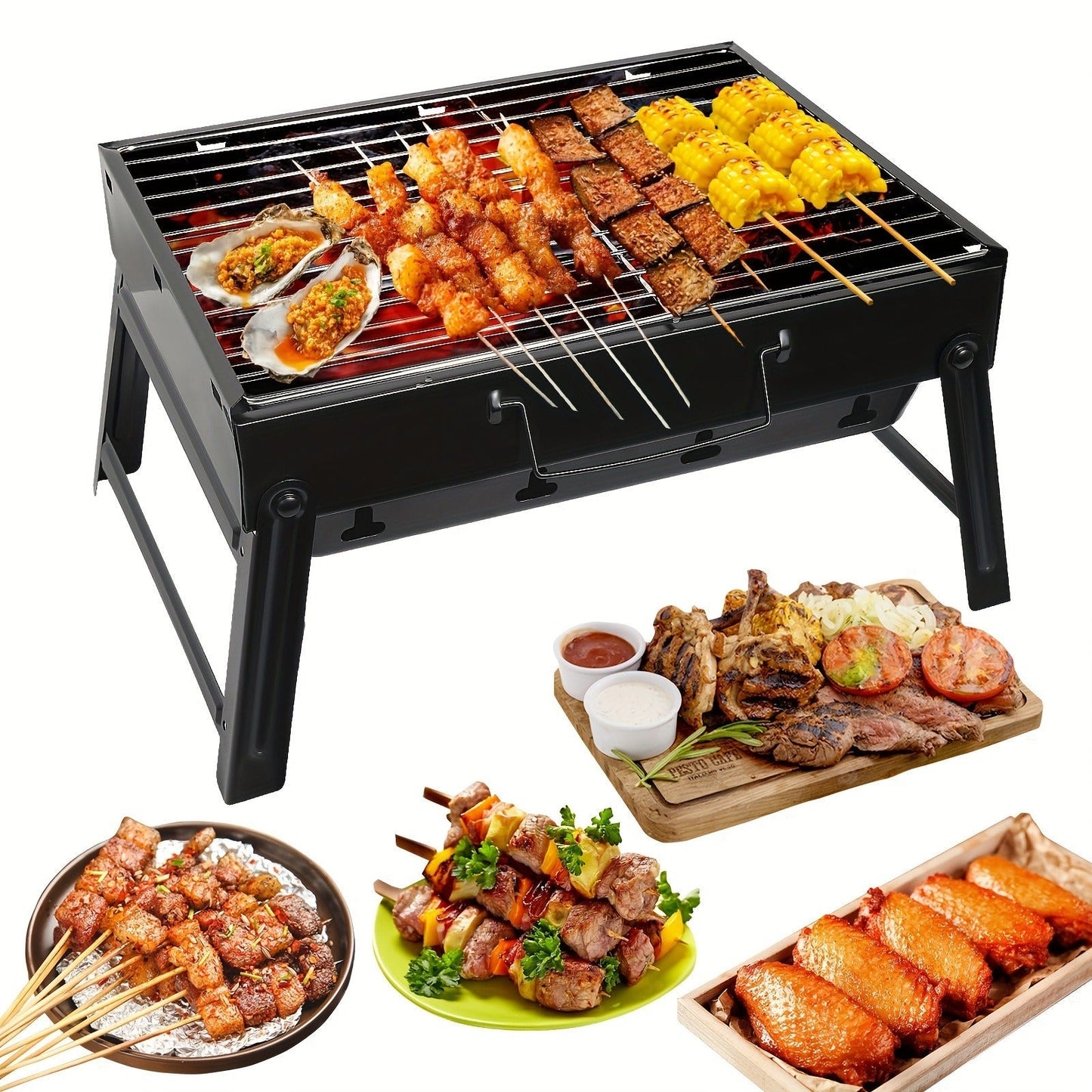 Folding Charcoal Grill with Rectangular Black Body, Layered Grate, Charcoal Mesh and Pull-Out Tray
