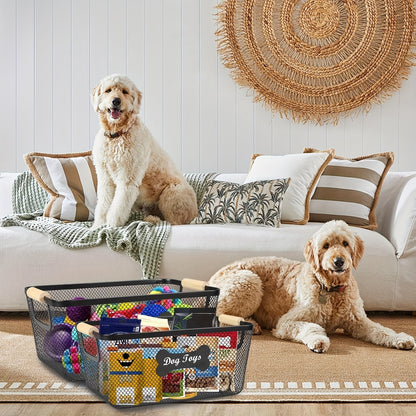 Metal Dog Toy Storage Basket Set with Wooden Handles – 2-Pack Mesh Wire Organizer Bin for Dog Toys, Collars, Blankets & Accessories
