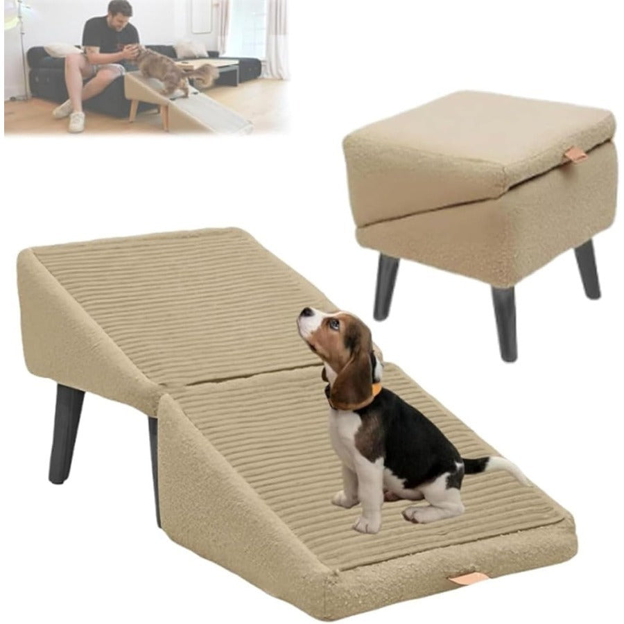 Dog Ramp 2-in-1 Foldable Ottoman Pet Stairs for Sofa Bed, Solid Wood Frame Heavy-Duty Small Dog Steps with Anti-Scratch Rounded Edges
