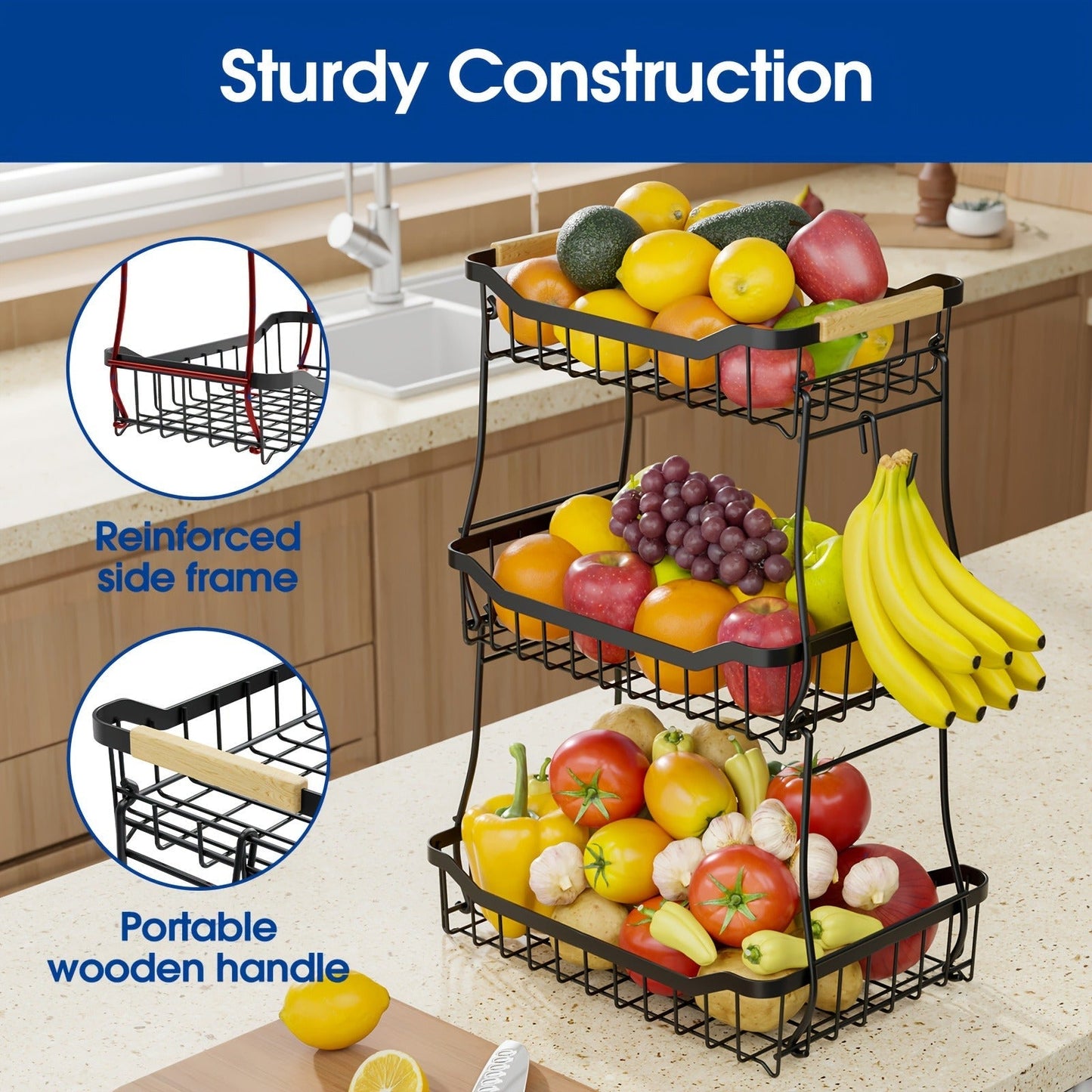 Tiered Fruit Basket Kitchen Organizer with Banana Hook, Removable 2 or 3 Metal Baskets and Wood Handle