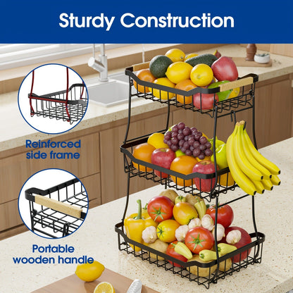 Tiered Fruit Basket Kitchen Organizer with Banana Hook, Removable 2 or 3 Metal Baskets and Wood Handle