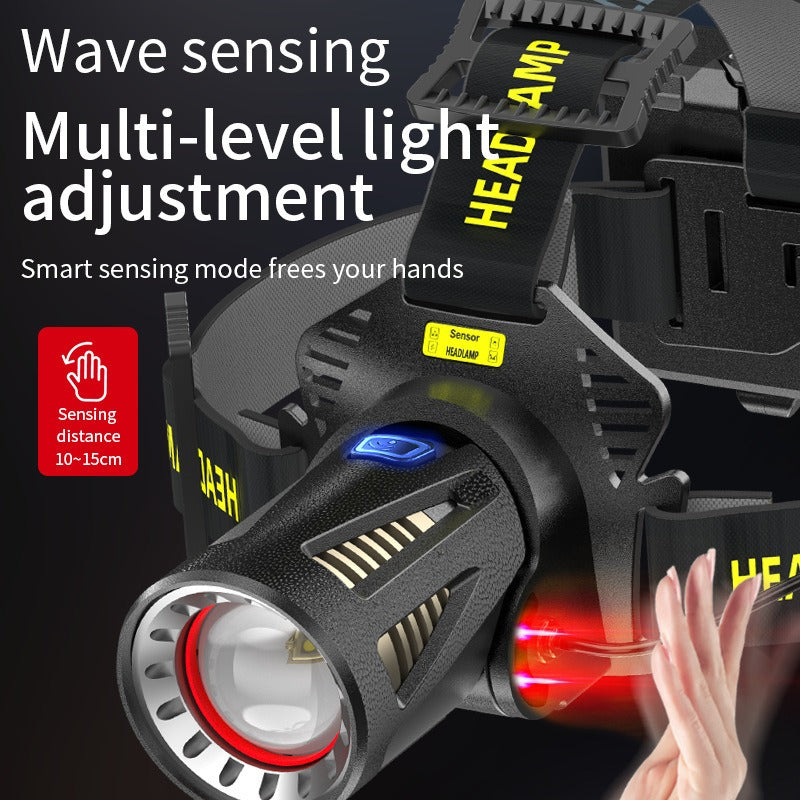 XHP360 Rechargeable Zoom Headlamp with IR Sensor, 500m Beam Label, 90° Tilt and Three 18650 Cells