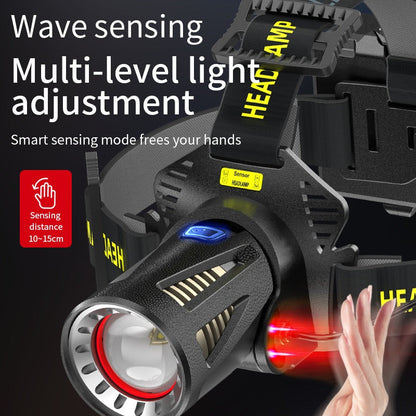XHP360 Rechargeable Zoom Headlamp with IR Sensor, 500m Beam Label, 90° Tilt and Three 18650 Cells