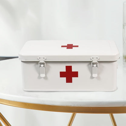 Metal First Aid Box with Safety Lock – Empty Medicine Storage Tin & Emergency Supply Organizer for Home Office Car Camping