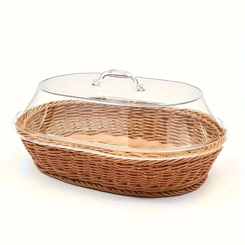 Wicker Bread Basket with Clear Acrylic Lid Rattan Storage Basket Washable Food Tray for Bread Fruit Desserts Kitchen Picnic Home Display