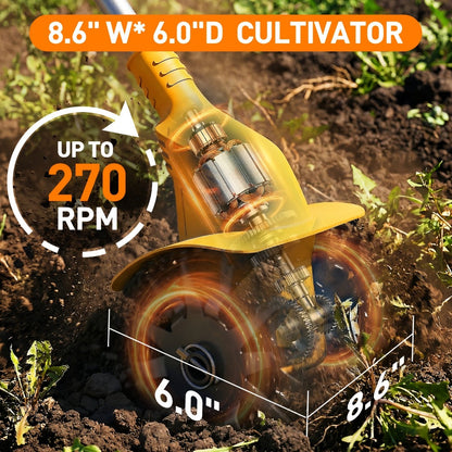 Electric Tiller Cultivator Cordless 20V Battery Powered - 8.6 Inch Tilling Width, Adjustable Handle