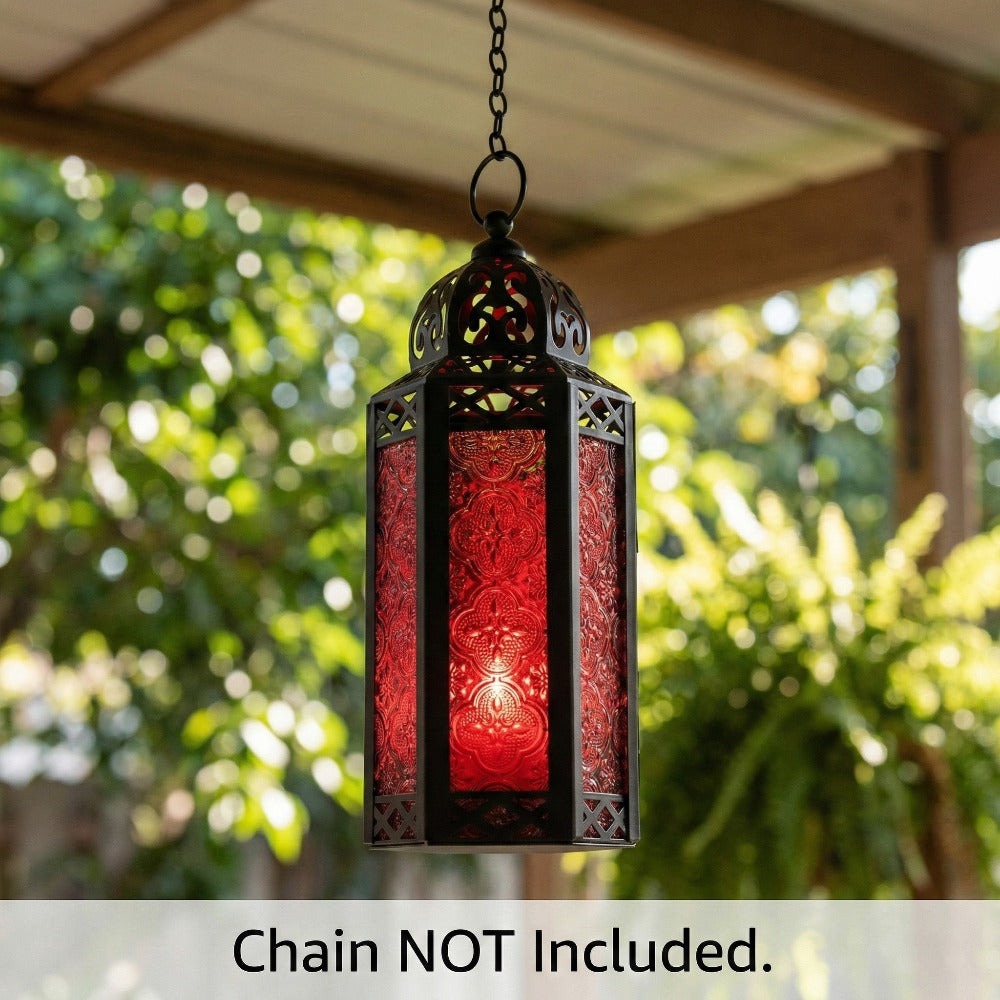 Moroccan Candle Lantern Holder - Decorative Metal & Glass Lantern with Embossed Floral Design for Indoor Home Decor