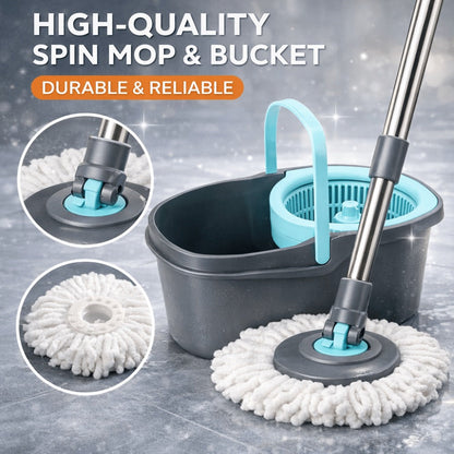 360 Spin Mop and Bucket Set with Wringer – Stainless Steel Extended Handle Spinning Mop Bucket System with Microfiber Mop Refills