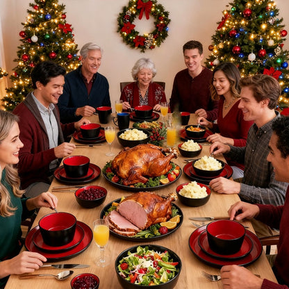 Dinnerware Set Options for Four with Round Plates, Bowls and Cups in Black, Red, Blue, Green or Floral Designs