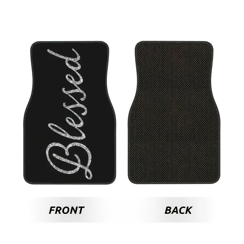 Blessed Script Car Floor Mats with Black Printed Surfaces in Two- or Four-Piece Set Options