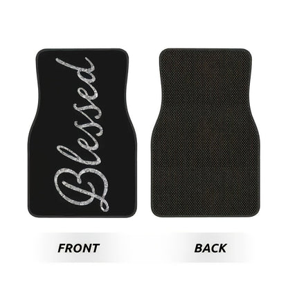 Blessed Script Car Floor Mats with Black Printed Surfaces in Two- or Four-Piece Set Options