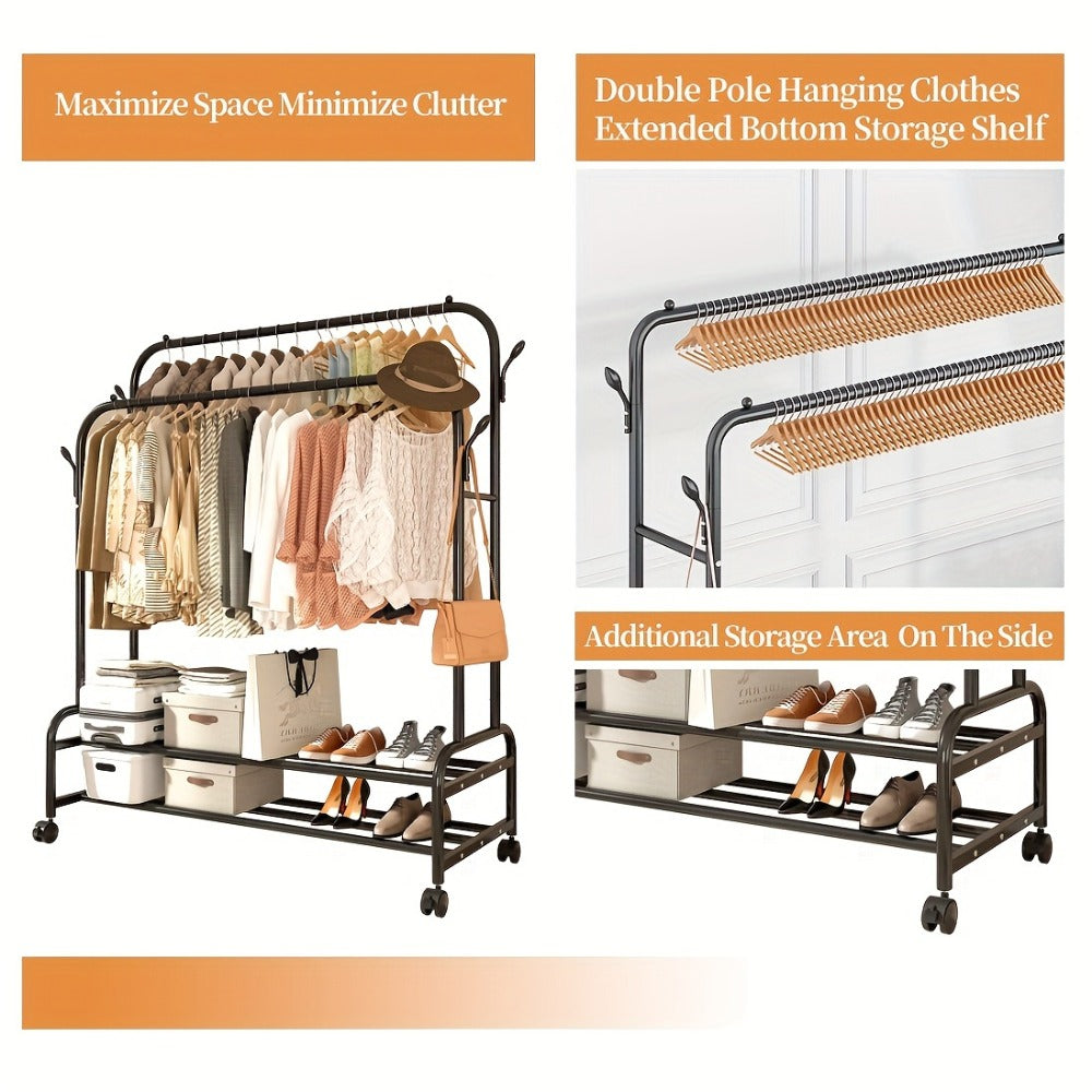 Black or Gold-Color Double-Rod Clothing Rack with Wheels, Side Hooks and 150 x 110 x 46 cm Frame