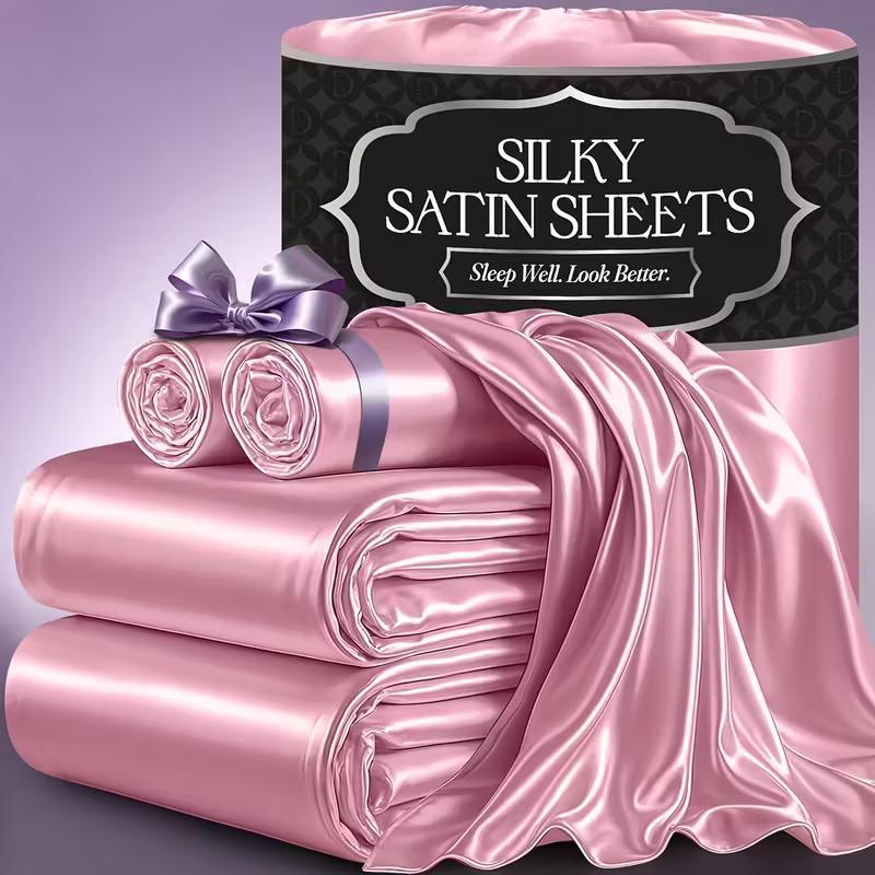 Sheet Set, Satin Bedding with 16-Inch Fitted Pocket, Three- or Four-Piece Size Configuration and Seven Solid Colors