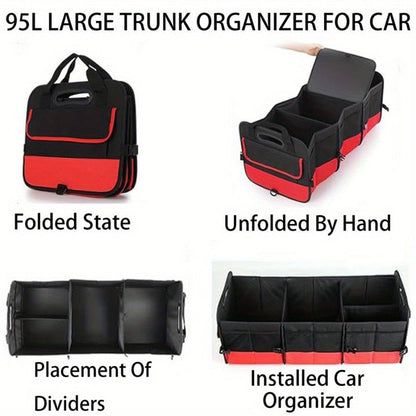 Car Trunk Organizer, 95L Foldable 4-Compartment Bin with Two Retractable Straps and Divider Set